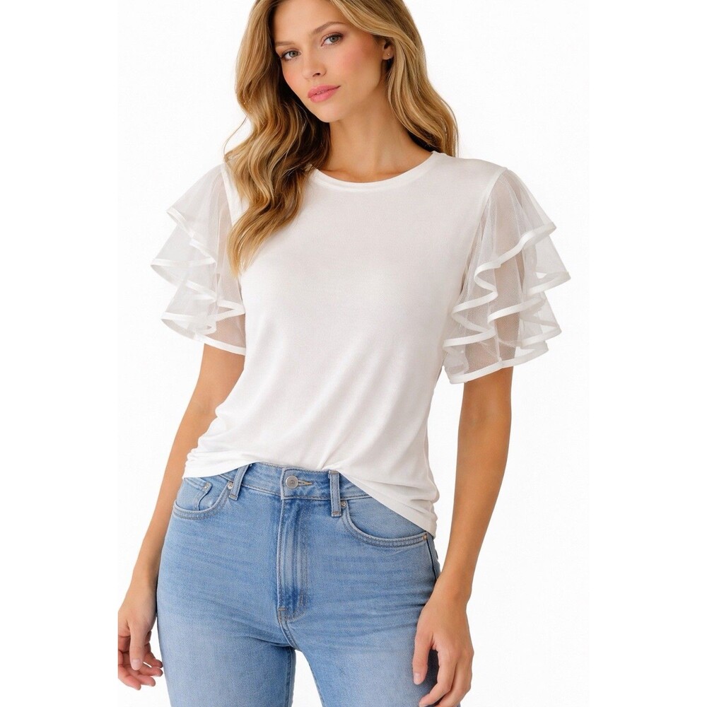 Marc New York‎ Andrew Marc White Ruffle Sleeve Top XS Sheer Mesh Modern Chic